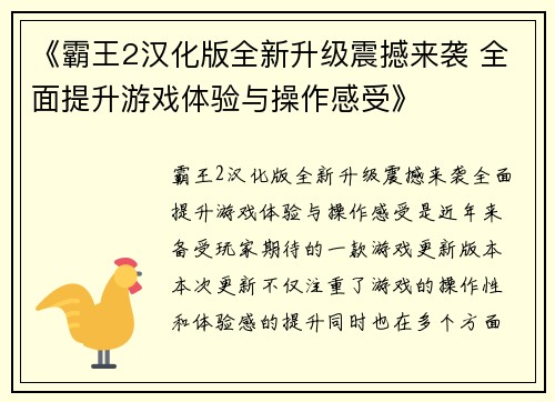 《霸王2汉化版全新升级震撼来袭 全面提升游戏体验与操作感受》